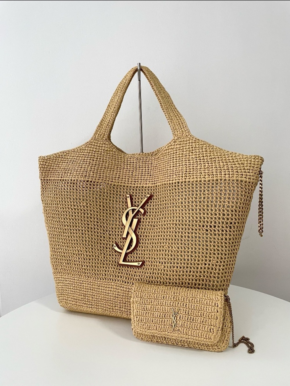 Saint Laurent Beige Woven Tote with Chain Pouch - Raffia Effect